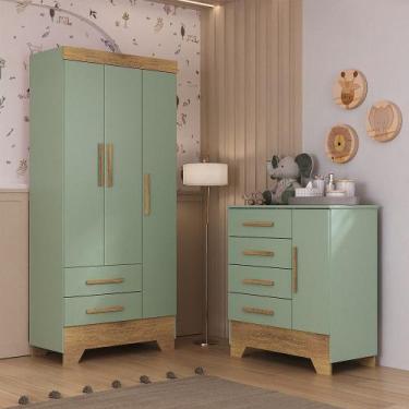 Imagem de Quarto Infantil Guarda Roupa 3 Portas e Cômoda Catavento Rodial, Verde
