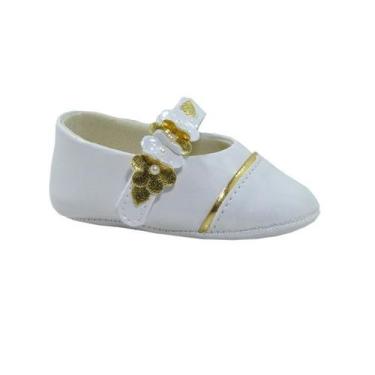 Imagem de Sapatilha de Bebê Feminina Verniz Branco e Sintético Ouro com Cacharre