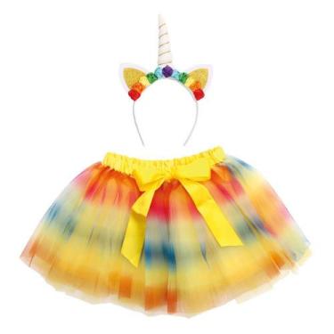 Imagem de Fantasia Princesa Unicórnio Arco Iris com Saia de Tule Tiara com Flore