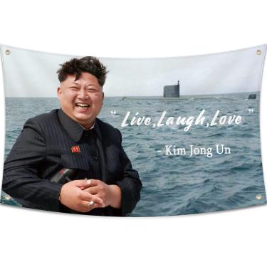 Imagem de Bandeira de parede Probsin Kim Jong Un Live, Laugh, Love Flag, 3 x 5 pés, pôster engraçado resistente a UV desbotamento e durável homem caverna com argolas de latão para decoração de dormitório de faculdade, ao ar livre, festas, presente, porta traseiras