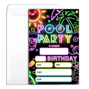 Imagem de Wybgno Convite para festa de aniversário na piscina 20 Parque Aquático Brilhante Festa Tema Neon Convite de Aniversário com Envelopes para Meninos Meninas Cartões de Convite de Festa -4 × 6 polegadas