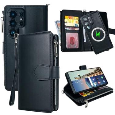 Imagem de Capa carteira destacável para Samsung Galaxy S25 Ultra, capa interna magnética compatível com MagSafe, couro premium com alça de pulso, compartimentos para cartões, suporte, capa de proteção total -