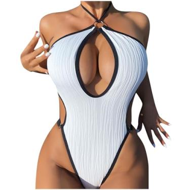 Imagem de Tanquíni sexy havaiano sem costura com ilhoses de fechadura para mulheres, roupa de banho sem mangas, micro biquíni, tanquíni feminino, J-187 Branco, G