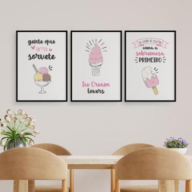 Imagem de Quadros Sorvete Love Picolé Decorativos Kit 3 Peças 20x28cm - camaleão