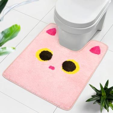 Imagem de NIGOWAYS Tapete higiênico, tapete de banheiro macio com design de gato, tapete de banho antiderrapante e absorvente, tapetes de banho laváveis em forma de U para base de vaso sanitário (rosa, 61 cm x