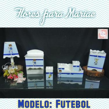 Imagem de Kit Higiene bebê Mdf decorado 7 pçs - FUTEBOL CHEVRON AZUL BB - Flores