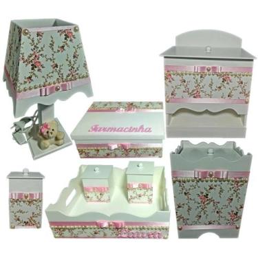 Imagem de Kit Higiene bebê Mdf menina 8 peças - BRANCO FLORIDO COM PEROLASs - Fl