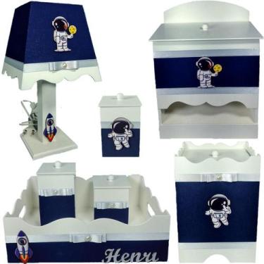 Imagem de Kit Higiene bebê Mdf 7 pçs menino  - ASTRONAUTA AZUL MARINHO - Flores 