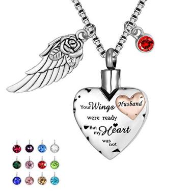 Imagem de Colar de urna de cremação vem com asa de anjo e 12 pedras do nascimento, joia de cinzas, pingente de memorial de coração, Metal
