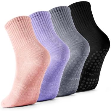 Imagem de Haoteey 4 pares de meias de Pilates com aderência para mulheres, meias aderentes para ioga Barre, meias adesivas antiderrapantes de Pilates, preto/cinza/roxo/rosa, 5-9