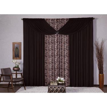 Imagem de Cortina com Bando Decorativa para Sala Quarto Escritório Malha Gel Luisa 2,00m x 1,70m Estampa 5 Folhagem Tabaco