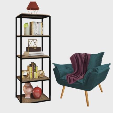 Imagem de Kit Poltrona Fatte com Manta Soft Bordô e Estante Livreiro Ferro Preto mdf Carvalho Suede Azul Turquesa - Ahz Móveis