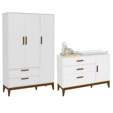 Imagem de Guarda Roupa Infantil 3 Portas e Cômoda 1 Porta Nature Branco Acetinado Eco Wood – Matic