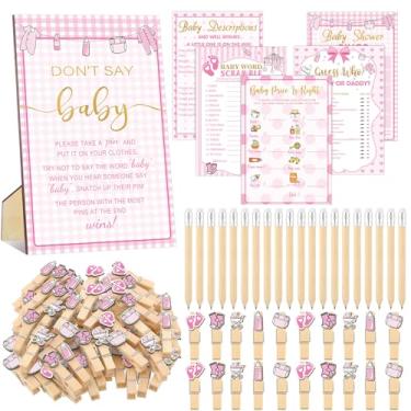 Imagem de Patelai 321 peças suprimentos para jogos de chá de bebê, 5 conjuntos (50 cartas cada) cartões de atividades com 20 lápis, 1 placa de bebê Don't Say 50 prendedor de roupa (rosa menina)