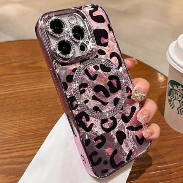 Imagem de ZinLyuen Capa para iPhone 14 Pro com glitter magnético compatível com MagSafe Diamond Leopard Cheetah Print Capa de telefone para iPhone 14 Pro, rosa
