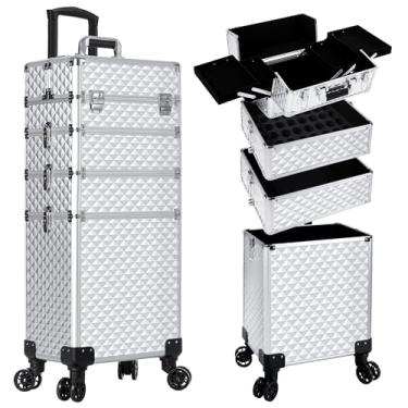 Imagem de AROUS Estojo de maquiagem com rodinhas 4 em 1, estojo de cosmetologia sobre rodas, grande carrinho de cosméticos de armazenamento com chaveiro, estojo de barbeiro de salão de viagem, porta-malas