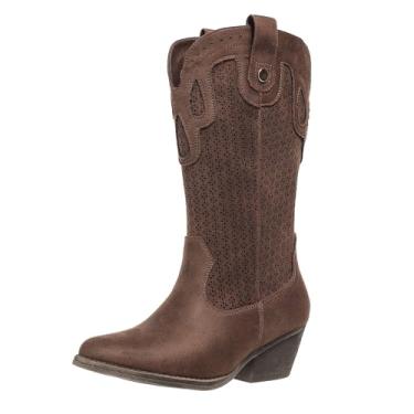 Imagem de Hamesk Botas caubói femininas cowgirl western bico fino salto baixo feminino salto grosso bota de panturrilha larga para casual elegante, Marrom, 36