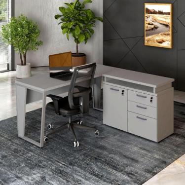 Imagem de Mesa L Escritório 1,5m Pé Metal Armário 3 Gavetas 1 Porta F5 - F5 Offi