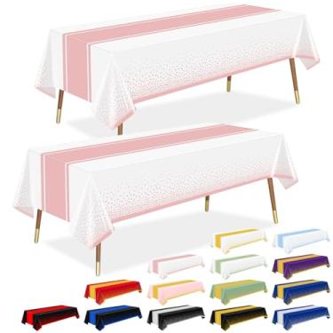 Imagem de LANLISA Toalha de mesa de ouro branco e rosa para decoração de festa, pacote com 12, toalhas de mesa de plástico descartáveis para decoração de festa de casamento e chá de bebê de 16 anos