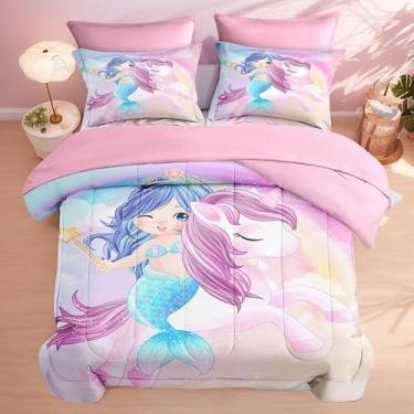 Imagem de WeCozy Jogo de edredom Queen com 2 fronhas e 2 fronhas, sereia de unicórnio fofo, 7 peças, para crianças e adolescentes, lençol com elástico e lençol de cima para crianças e adolescentes