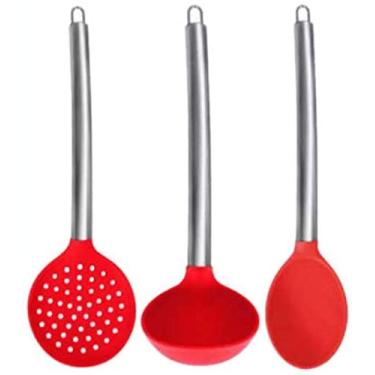 Imagem de Kit de Utensílios Colher, Concha e Escumadeira Silicone e Inox