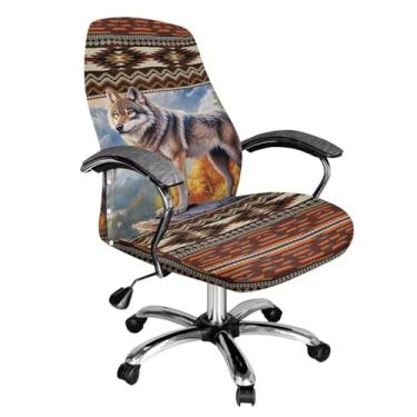 Imagem de Wanyint Capa de cadeira de escritório marrom montanha de lobo asteca para cadeiras de apoio de braço, estampa elástica, capa de cadeira de computador removível, antiderrapante, com encosto alto