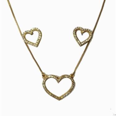 Imagem de Colar E Brinco Coração De Zircônia Banhado A Ouro 18K