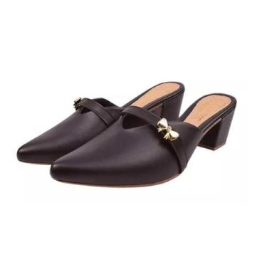 Imagem de Mule Scarpin Preto Salto Alto Grosso Lacinho Sapato Bico Fino Casual F