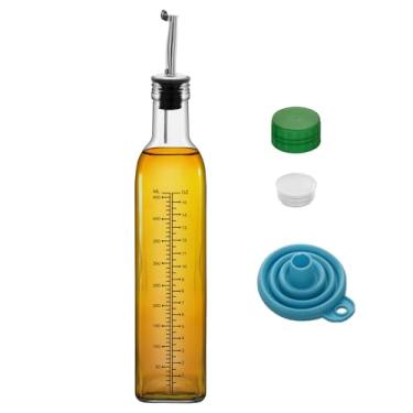 Imagem de 1 garrafa dispensadora de azeite de oliva de 500 ml, conjunto dispensador de óleo de vidro e vinagre de 500 ml com 1 dosador de aço inoxidável, garrafas de óleo de funil para cozinha (escala clara)