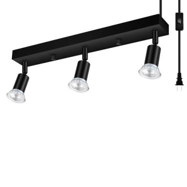 Imagem de Bricosmocon Iluminação De Trilho Plug-In, Kit Luminárias Teto Led, Luminária Parede Plug-In Preta 16" Com Cabo 14,8 Pés, Holofote 3 Luzes, Cabeça Cozinha Giratória Para Corredor Quarto (Gu10, Sem Lâ