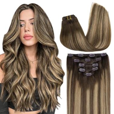 Imagem de MAXITA Extensões De Cabelo Com Clipe, Humano Verdadeiro, 5 Peças, 80G, Balayage, Castanho Chocolate A Loiro Caramelo, 20", Longo, Liso, Natural Para Mulheres