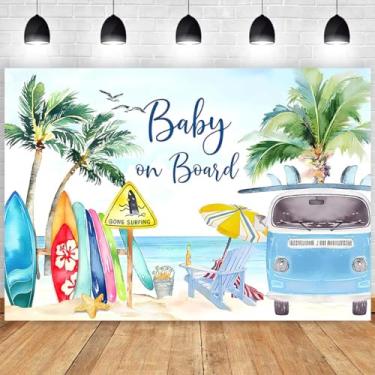 Imagem de Pano de fundo de bebê a bordo tropical verão praia chá de bebê fundo prancha de surfe van palmeira férias férias à beira-mar fotografia fundo surf menino chá de bebê festa bolo banner (C, 5X3FT)