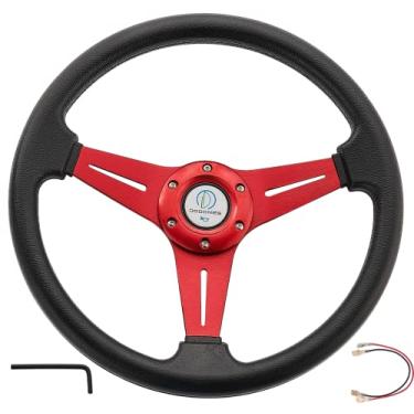 Imagem de Dodomes Volante De Corrida/Carrinho Golfe, Ajuste Universal, Para Carros E Clubes Ds & Precedent Ezgo Yamaha Golf 13,8"/350 Mm, Aderência 6 Parafusos, Vinil, Couro Alumínio Com Botão Buzina (Vermelh