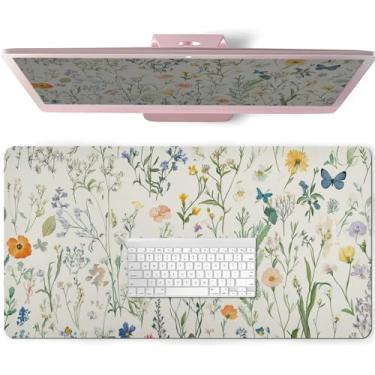 Imagem de AQQA Almofada de mesa grande com flores, tapete de mesa floral para desktop, tapete de mouse de couro PU antiderrapante, impermeável, laptop, computador, teclado de mesa, protetor de mesa, tapete para