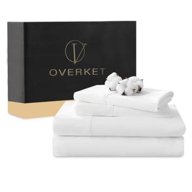 Imagem de Overket Jogo de lençóis de algodão egípcio de 1000 fios, tamanho Queen, 4 peças, trama de cetim, macio, respirável, bolso profundo de 40,6 cm (queen, branco)