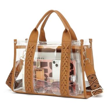 Imagem de Bolsa feminina transparente aprovada para estádios, bolsa transversal de tecido, bolsa transparente para eventos em estádios, bolsa de plástico para trabalho, praia, Marrom, Large