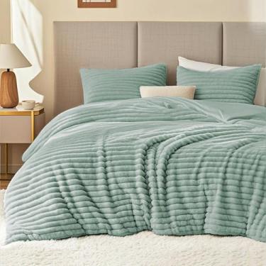 Imagem de EXQ Home Jogo de cama de solteiro, felpudo, felpudo, super macio, listrado, jacquard com 2 peças, verde sálvia, conjunto de cama quente de inverno, 1 edredom com 1 fronha