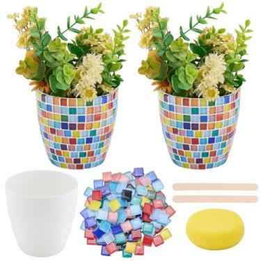 Imagem de WEBEEDY 2 conjuntos de kit de mosaico de vasos de flores pequenos para adultos, iniciantes, faça-você-mesmo, conjunto de mosaico de vidro colorido, faça seu próprio conjunto de vasos para plantas