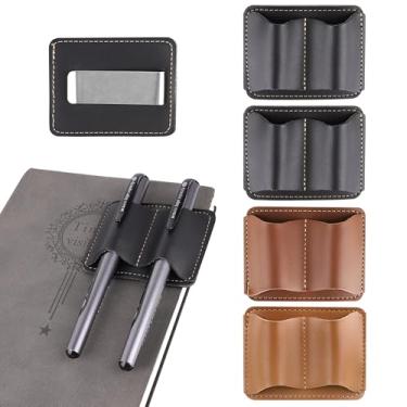 Imagem de ReignSword Suporte de caneta de couro vegano para notebook, pacote com 4 organizadores portáteis, compartimento duplo para caneta, diário, livro, prancheta