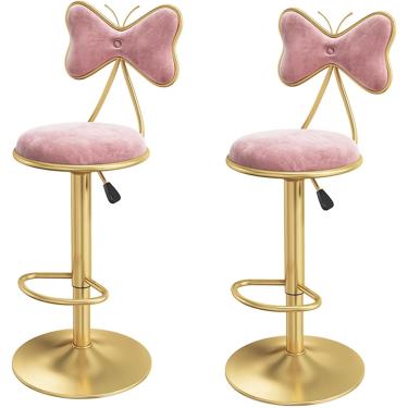 Imagem de 2 Pcs Bar Stools Lift Swivel Island Stools, Cozinha Balcão Cadeira De Jantar Em Casa Com Encosto De Veludo, Pernas De Metal E Apoio Para Os Pés, Altura Ajustável 60-80cm, Pink