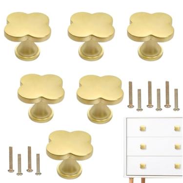 Imagem de 6 peças puxadores de trevo de quatro folhas puxadores criativos de liga de zinco puxadores de gaveta de armário para móveis de cozinha armário guarda-roupa banheiro puxador de porta de furo único com parafusos (ouro)