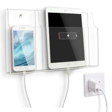 Imagem de VANCORE Suporte de telefone transparente montado na parede acrílico suporte organizador de mídia organizador de mídia com furos para carregar suporte de telefone tablet (dois compartimentos)