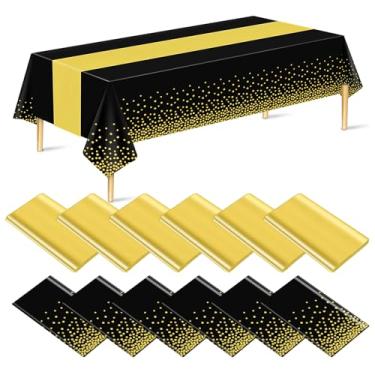 Imagem de Conjunto de 12 toalhas de mesa e caminho de mesa dourado preto para decoração de festa, toalha de mesa descartável de plástico e caminho de mesa de cetim para festa de aniversário de casamento (preto