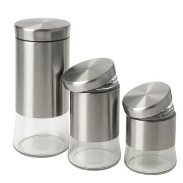 Imagem de Conjunto Potes de Vidro Herméticos Tamanhos Diferentes Tampa Inox 820ml 1,1L e 1,5L - Porta Condimentos