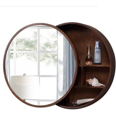 Imagem de Armário De Espelhos Banheiro Quarto Redondo Espelho Redondo Com Prateleira De Armazenamento Montado Na Parede Espelho De Maquiagem Redondo De Madeira, Brown, 60cm