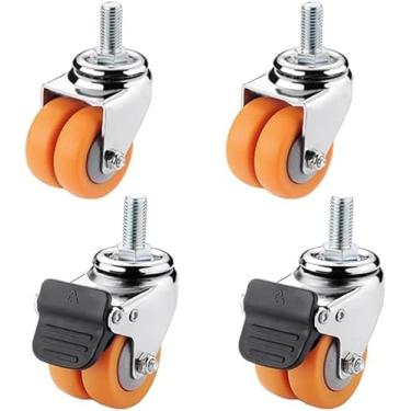 Imagem de 4 Peças Rodízios De Móveis M12 Thread Lon Roda Dupla 1,5 Ih / 2 Ih Heavy Duty Rodízios De Carrinho Giratório Universal Com Freio, Orange, 2 inch 50mm