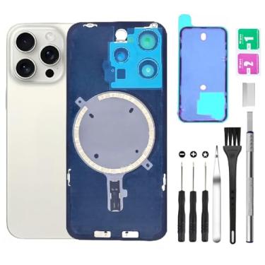 Imagem de Substituição de vidro traseiro para iPhone 15 Pro Max vidro traseiro + lente da câmera + ímã + suporte de peça de ferro com kit de ferramentas de reparo (branco)