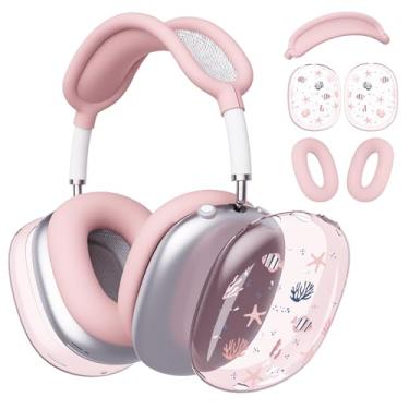 Imagem de BlHMCASE Capa de fone de ouvido para AirPods Max, capa de fone de ouvido transparente de estrela do mar, capa de silicone rosa para Apple AirPods Max