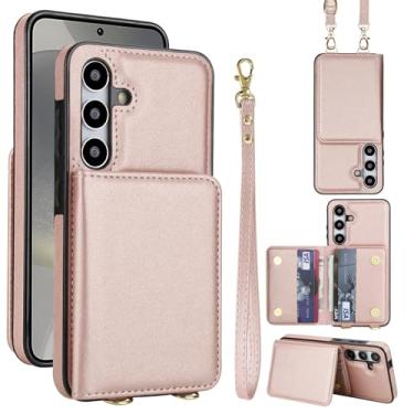 Imagem de Capa carteira de couro PU para Samsung Galaxy A55 5G, 4 compartimentos para cartão e 2 compartimentos para dinheiro, bloqueio RFID, alça destacável, capa com suporte antiarranhões e à prova de choque