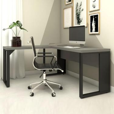 Imagem de Mesa de Escritório em L Preto Industrial Home Office Tampo 40mm MDP Pés Metálicos (Cinza Sagrado com Preto)